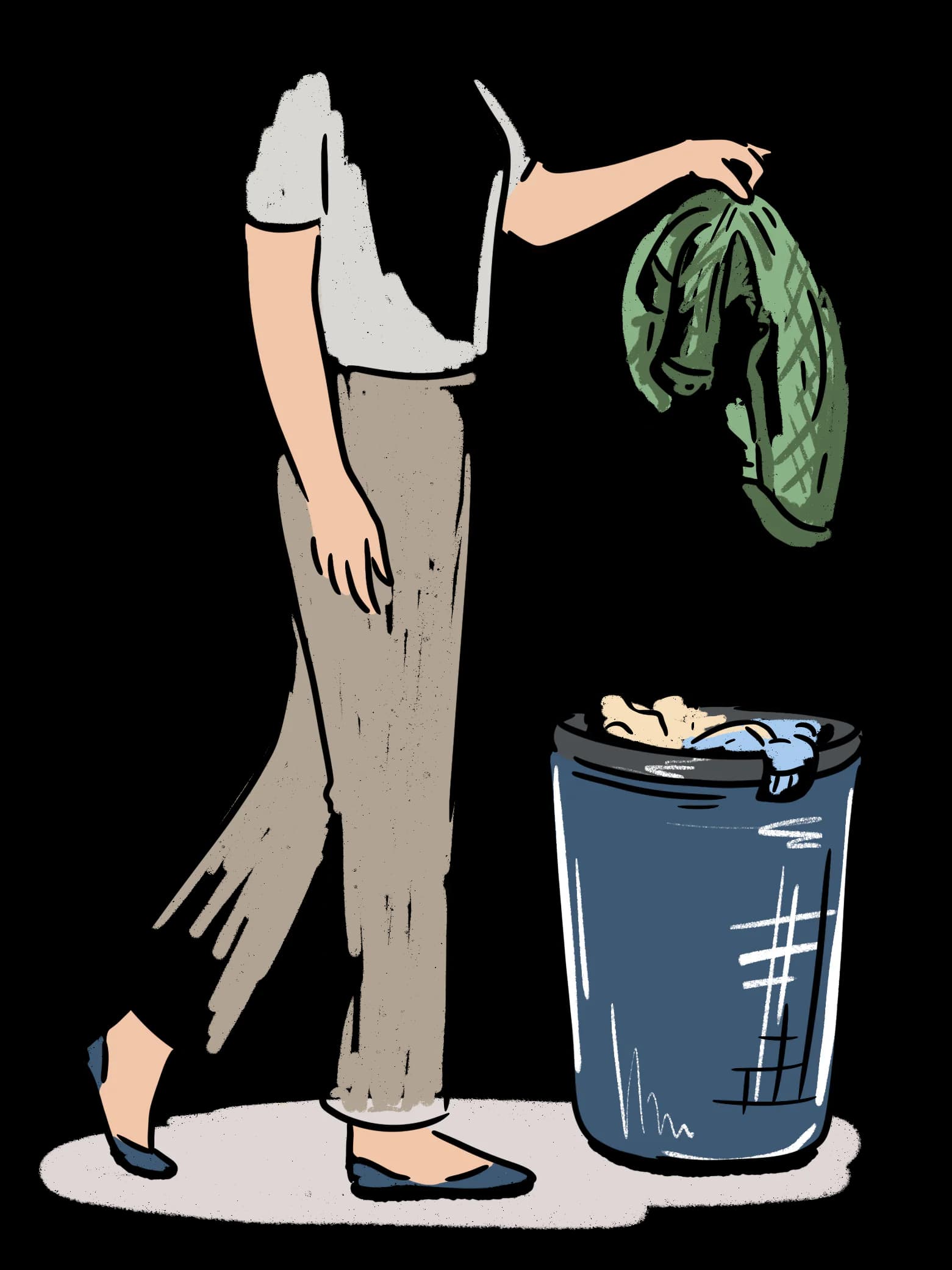 Someone dropping a shirt into a full laundry hamper