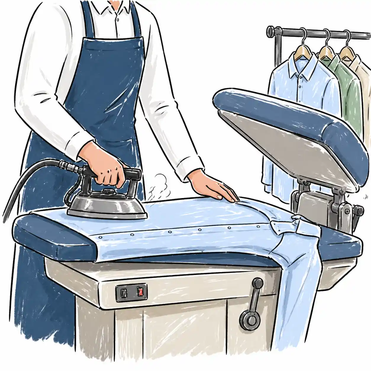 Dry cleaned garments being pressed and steamed